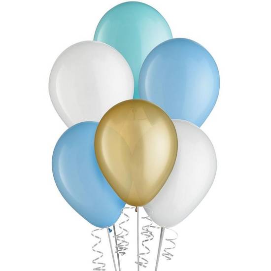 Uninflated 15ct, 11in, Pastel Blue 4-Color Mix Latex Balloons - Blues, Gold White