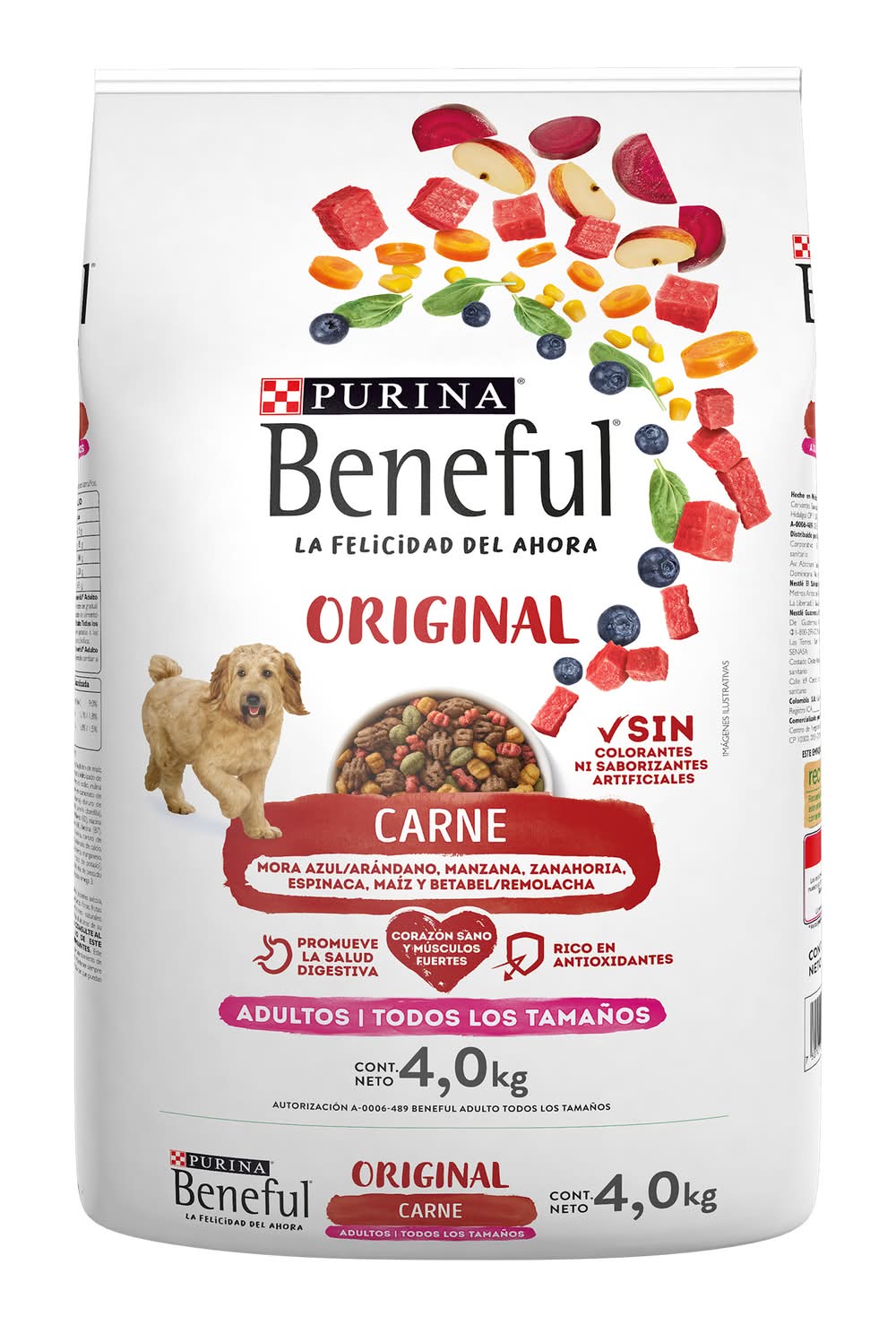 Purina Beneful · Alimento seco para perros original, carne-arándano-manzana-zanahoria-espinaca-maíz-remolacha, Adultos-Todos los Tamaños (4 kg)