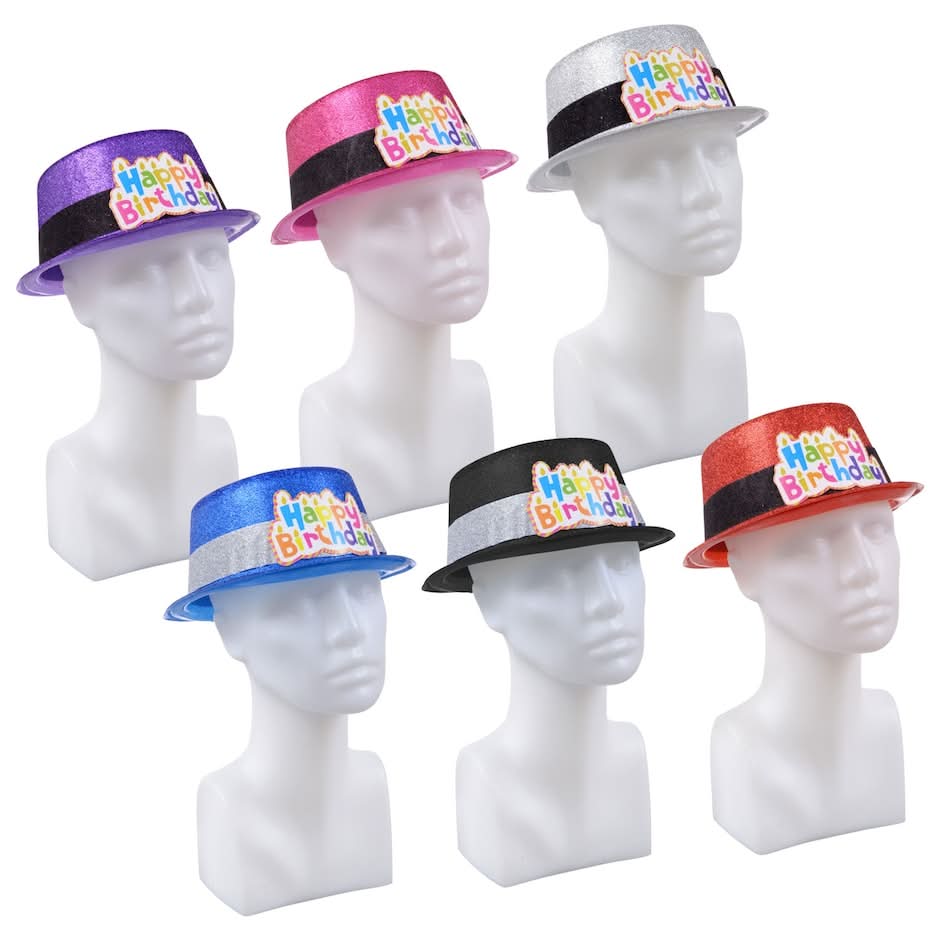 Fedora-Style Happy Birthday Glitter Party Hats, 10.375x4 in.