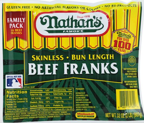 Nathan's Skinless Beef Franks Family pack (16 ct)