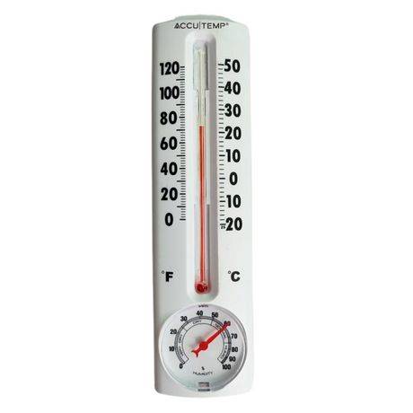 Accutemp Indoor or Outdoor Thermometer With Humidity Meter, Temperature Readings in Celsius °C and Fahrenheit and °F, White