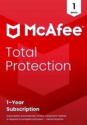 McAfee Total Protection for 1 Device, 1-Year Subscription with Auto-Renewal, Product Key Card (MTP51EST1RAAM)