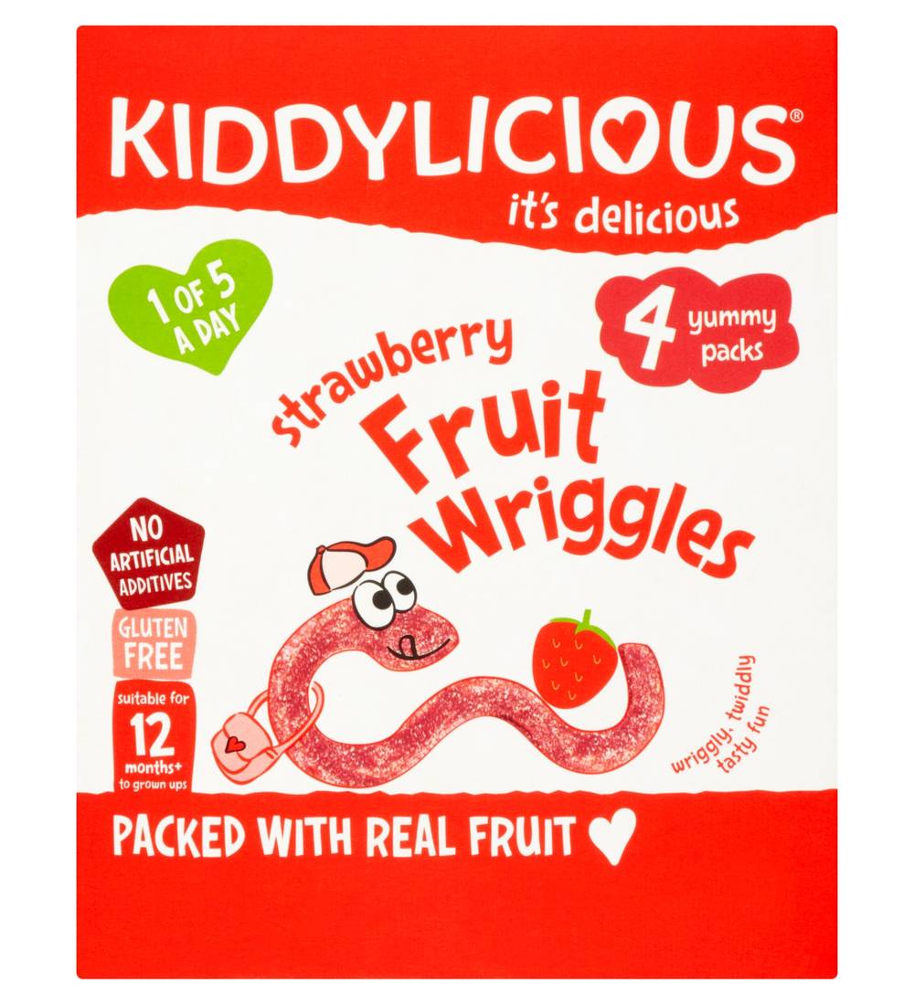Kiddylicious Strawberry Fruit Wriggles 4 Yummy Bags 48G