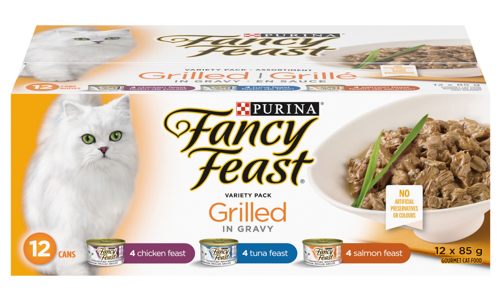 Purina Fancy Feast Grilled in Gravy Wet Cat Food Variety pack, Chicken-Tuna-Salmon (12 x 85 g)