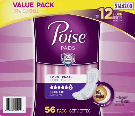 Poise Long Length Ultimate Absorbency Incontinence Pads (56 ct)