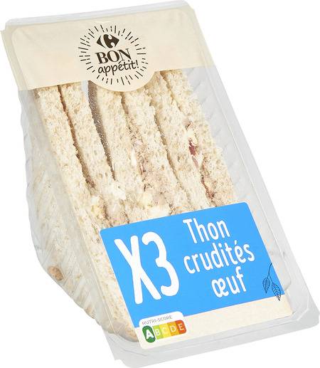 Sandwich thon crudités œuf CARREFOUR BON APPETIT - la barquette de 3 - 230g