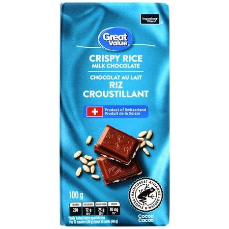 Great value barre de riz croustillant au chocolat au lait de great value (100 g) - crispy rice milk chocolate bar (100 g)