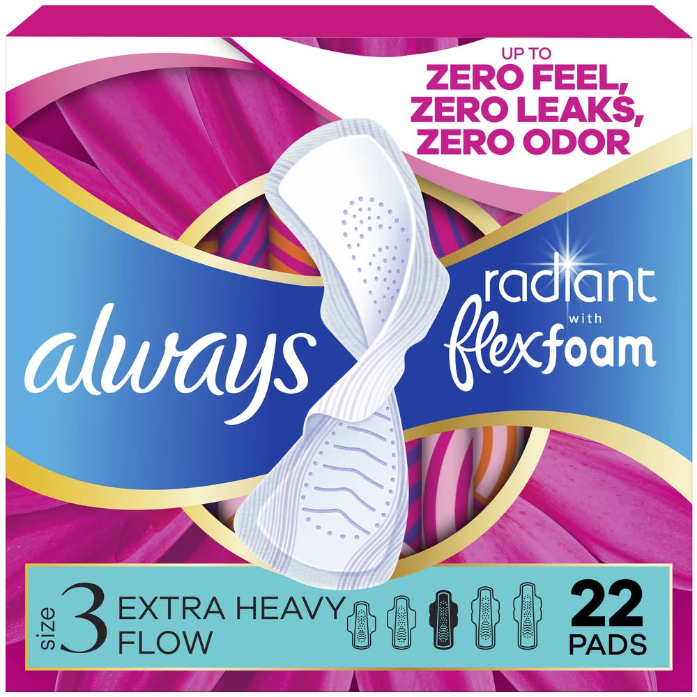 Always Radiant With Flexfoam Extra Heavy Flow Pads, Women, 3 (22 ct)