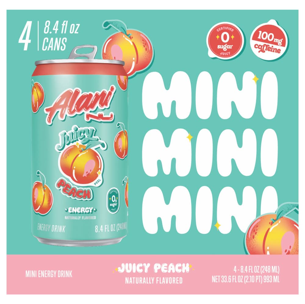 Alani Nu Mini Juicy Energy Drink, Peach (4 x 8.4 fl oz)