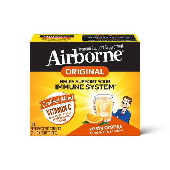 Airborne Vitamin C and Immune Support Supplement, Zesty Orange Effervescent Tablets, 30 CT