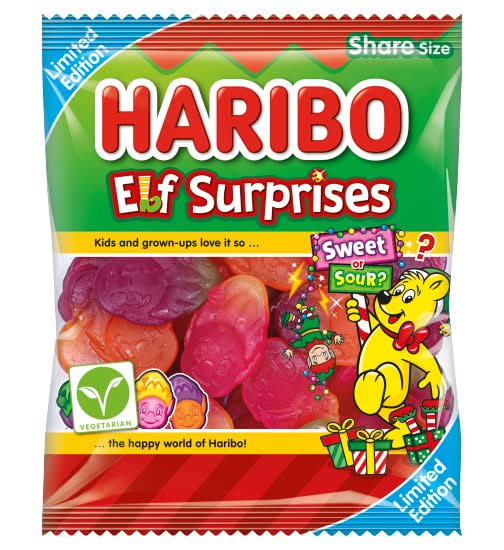 Haribo Sweet and Sour Fruit, Elf Surprises Chewy Sweets Sharing Bag (160g)