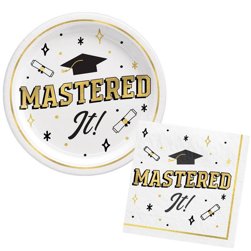Black, White, Gold Master's Graduation Lunch Plates (9in) Lunch Napkins (6.5in) for 30 Guests