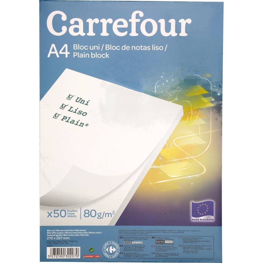 Bloc note 21 x 29,7 cm - 50 pages - Uni CARREFOUR - le bloc de 50 feuilles