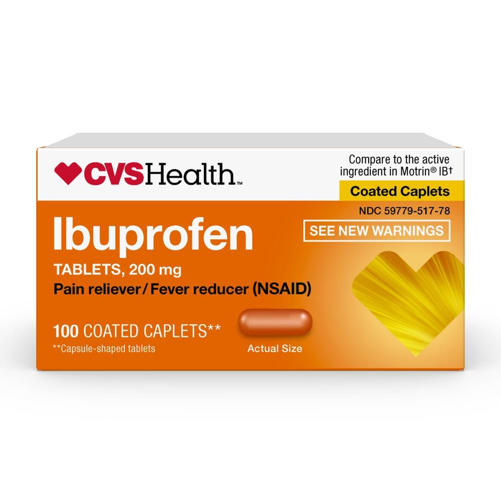 Cvs Health Ibuprofen Pain Reliever & Fever Reducer (Nsaid) 200 Mg Coated Caplets, 100 Ct