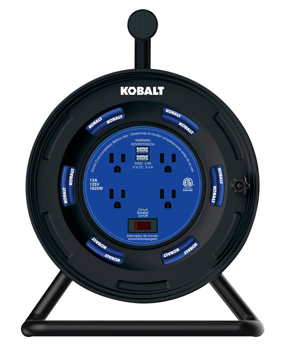 Kobalt 4-outlet Kobalt Black/blue Cord Reel 2-usb W/80ft 14/3 Sjtw Ext Cord | LKCRPD733U