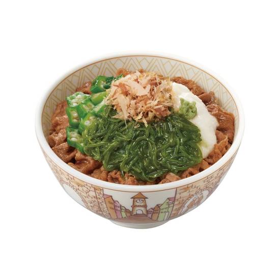 山かけめかぶオクラ牛丼  Gyudon with Grated Yam, Mekabu Seaweed & Okra
