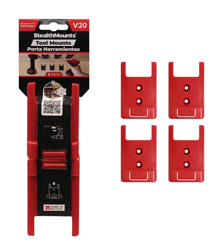 StealthMounts Plastic Tool holder Tool Mounts Holders compatible with Craftsman 20v (Red, 4 Pack)