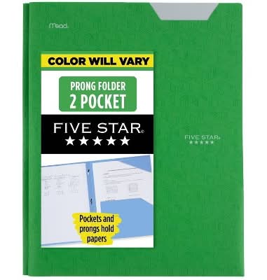 Five Star Pocket Plastic Folder With Prongs, 29.5 cm x 23.6 cm, Assorted