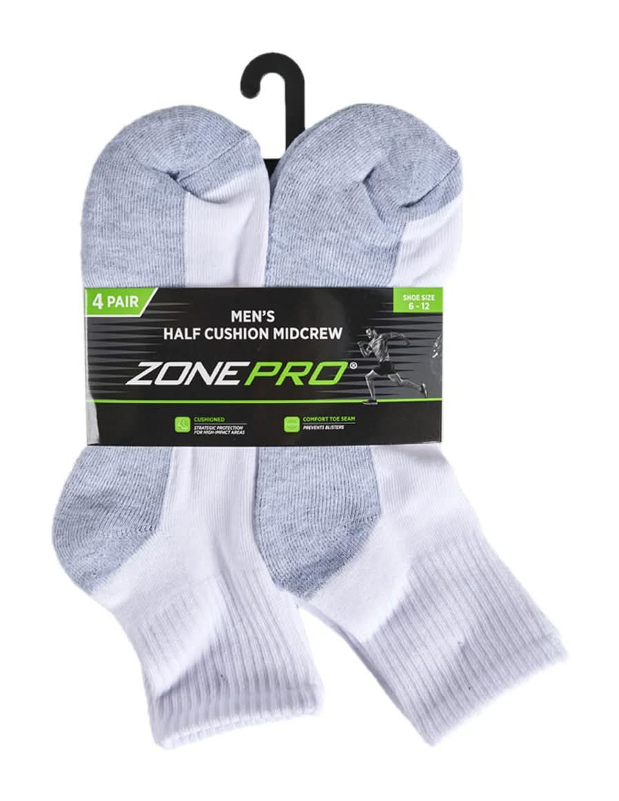 Zone Pro Men?S Half Cushion White Mid Crew Socks Size 6 To 12 4 Pk