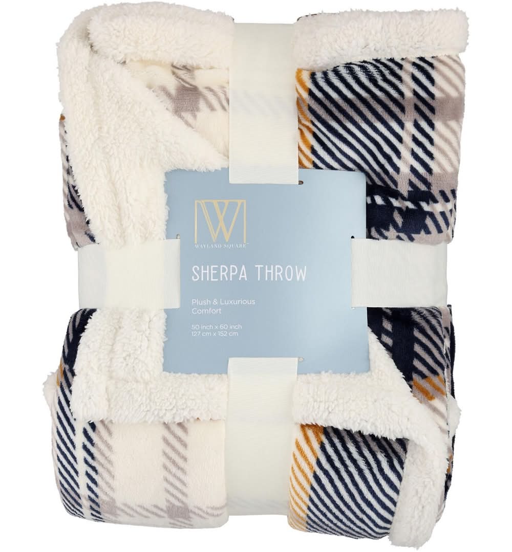 Wayland Square Sherpa Plush Throw Blanket, 50x60 in, Black Plaid