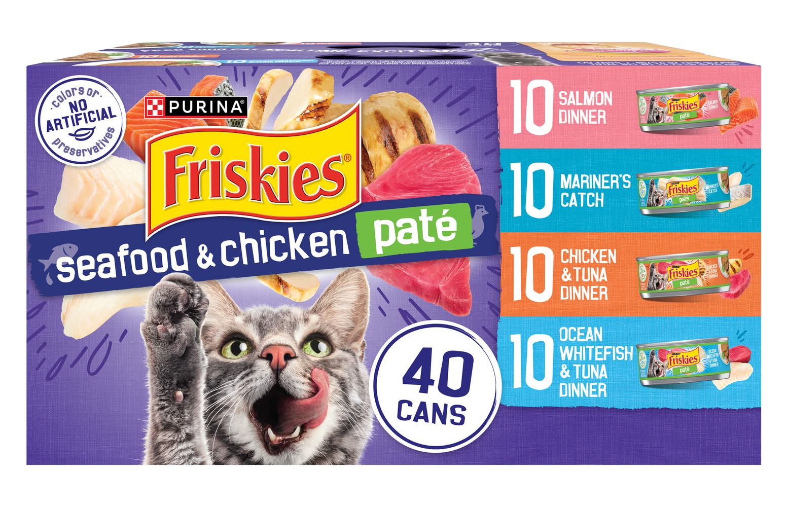 Purina Friskies Soft Seafood & Chicken Pate Variety pack Wet Cat Food, Salmon Dinner - Mariner's Catch - Chicken Tuna - Ocean Whitefish, Adult (40 x 5.5 oz)