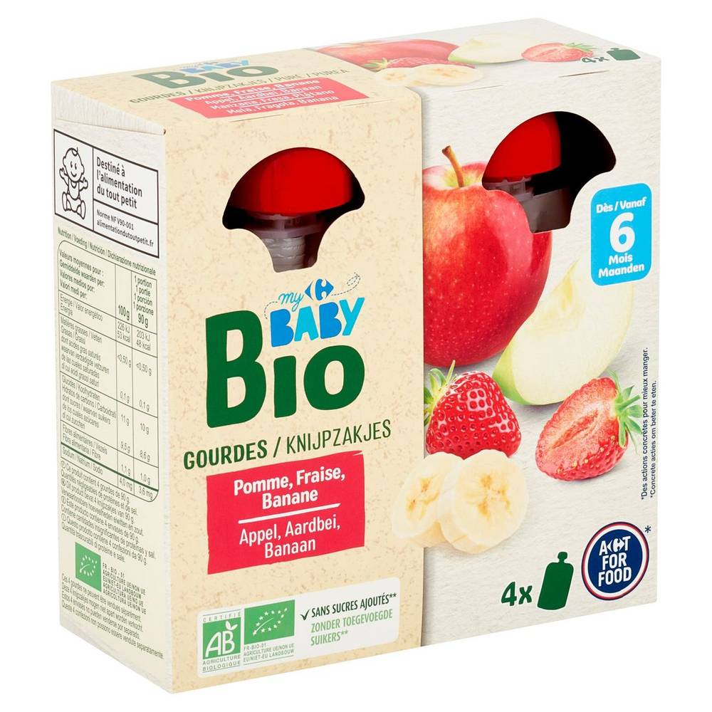 Carrefour Baby Bio Gourdes Pomme, Fraise, Banane dès 6 Mois 4 x 90 g