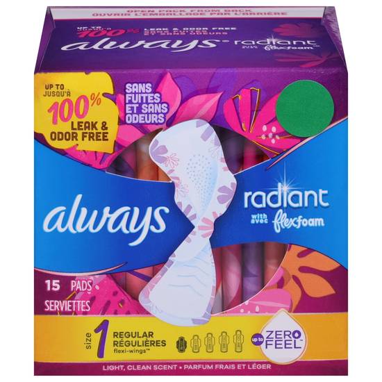 Always Radiant Pads, Size 1, Regular Absorbency, Scented (15 ct)