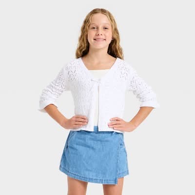 Cat & Jack Girls' Pointelle Open Cardigan Sweater, L, White