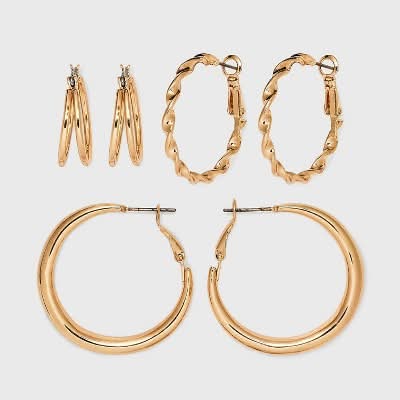 Universal Thread Twisted & Duo Hoop Earring Set, Gold (3 ct)