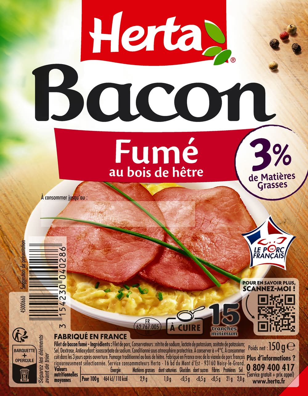 Herta - Filet de bacon fumé 3% mg (150kg)