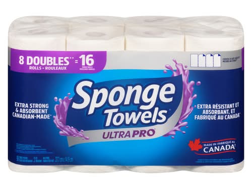 SpongeTowels Ultra Pro Extra Strong & Absorbent Double Rolls Paper Towel Sheets, 27.7x14.9 cm, White (8 ct)