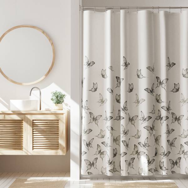 Room & Retreat Butterfly Fabric Shower Curtain, 70 in x 72 in, Black and White