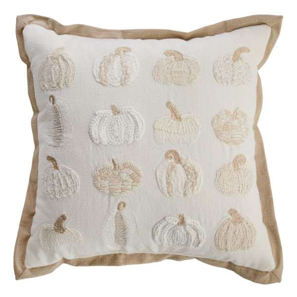 Natural Multi Embroidered Pumpkins Throw Pillow with Flange, 20"