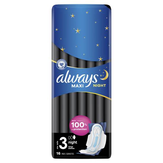 Always - Serviettes hygiénique avec ailettes maxi night taille 3 (16 pièces)