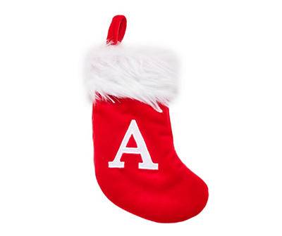 "A" Monogram Red Velvet Mini Stocking with White Fur Cuff