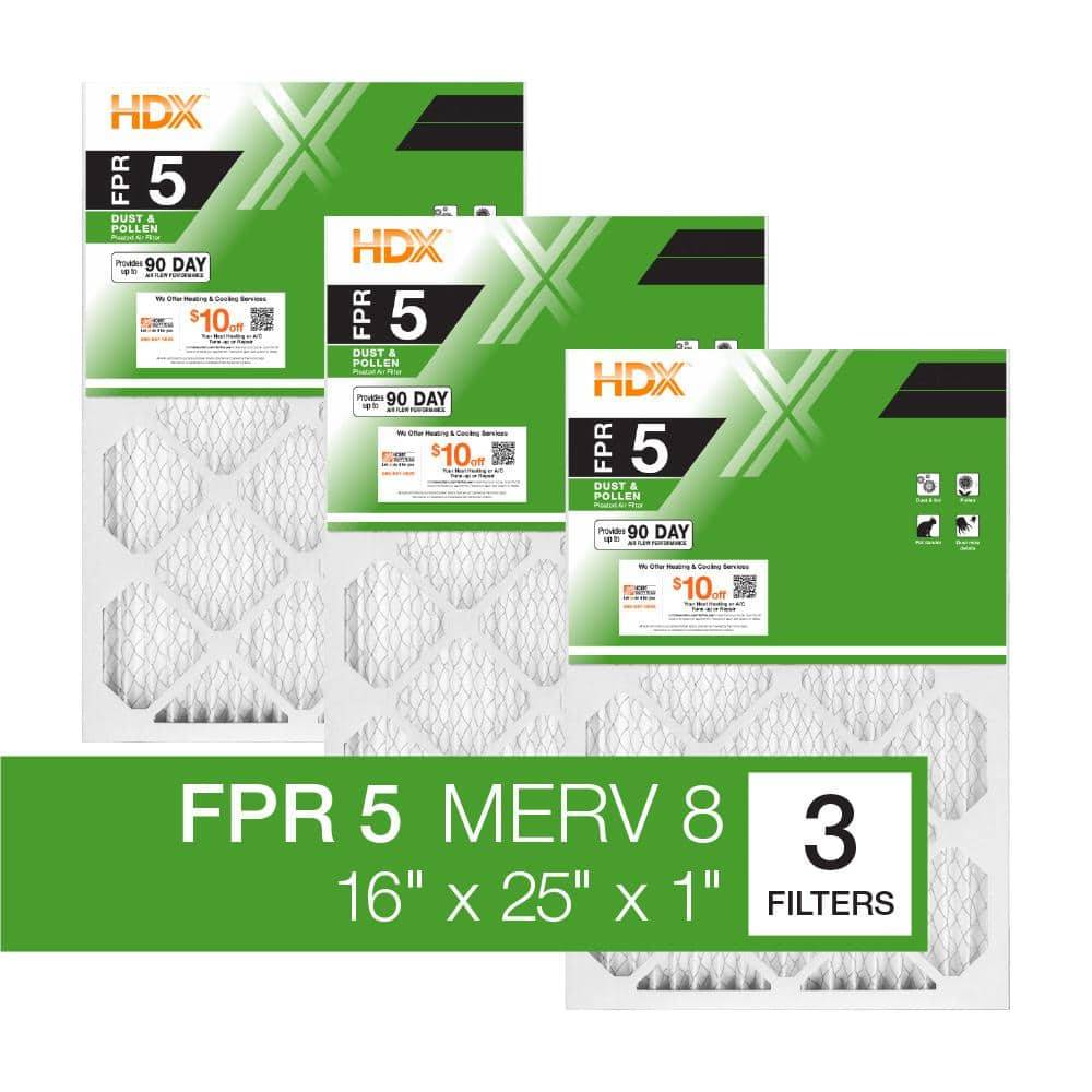 Hdx 16 In. X 25 In. X 1 In. Standard Pleated Furnace Air Filter Fpr 5, Merv 8 (3-Pack)