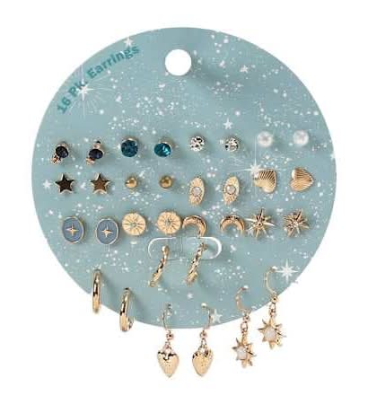 Earrings 16-Pack Gold/Blue Celestial
