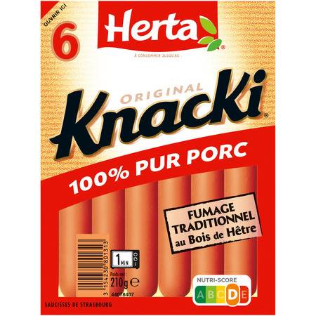 Saucisses 100% pur porc KNACKI - le paquet de 6 - 210 g
