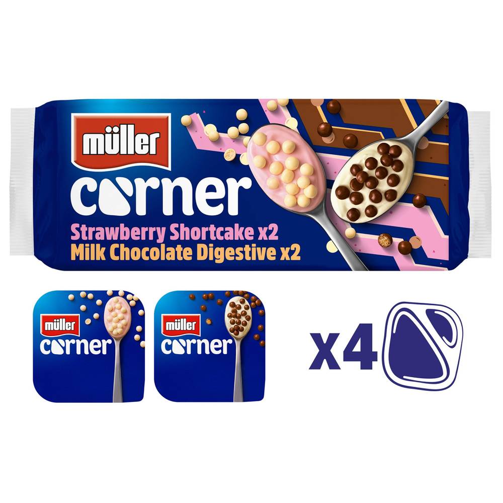 Müller Strawberry, Corner Shortcake & Milk Chocolate Digestive Yogurts (4 pack)