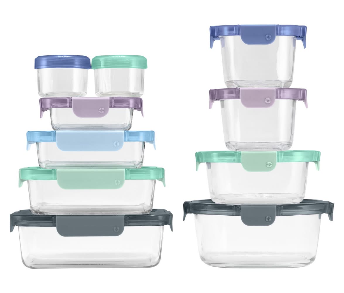 Ello - Ensemble Mixte Colorées Verrouillables En Verre Pour Aliments, 20 Pièces / Ello Colour Lock Mixed Glass Meal Prep Food Storage Set, 20-Piece