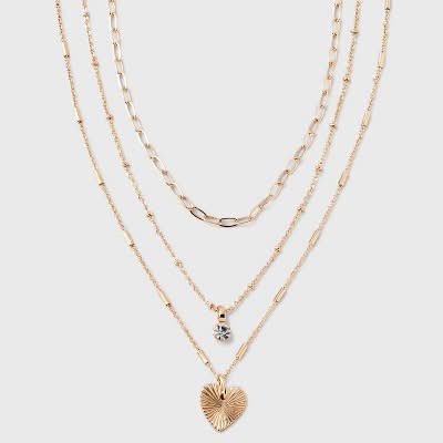 A New Day Valentine's Day 3 Row With Textured Heart Necklace, Gold