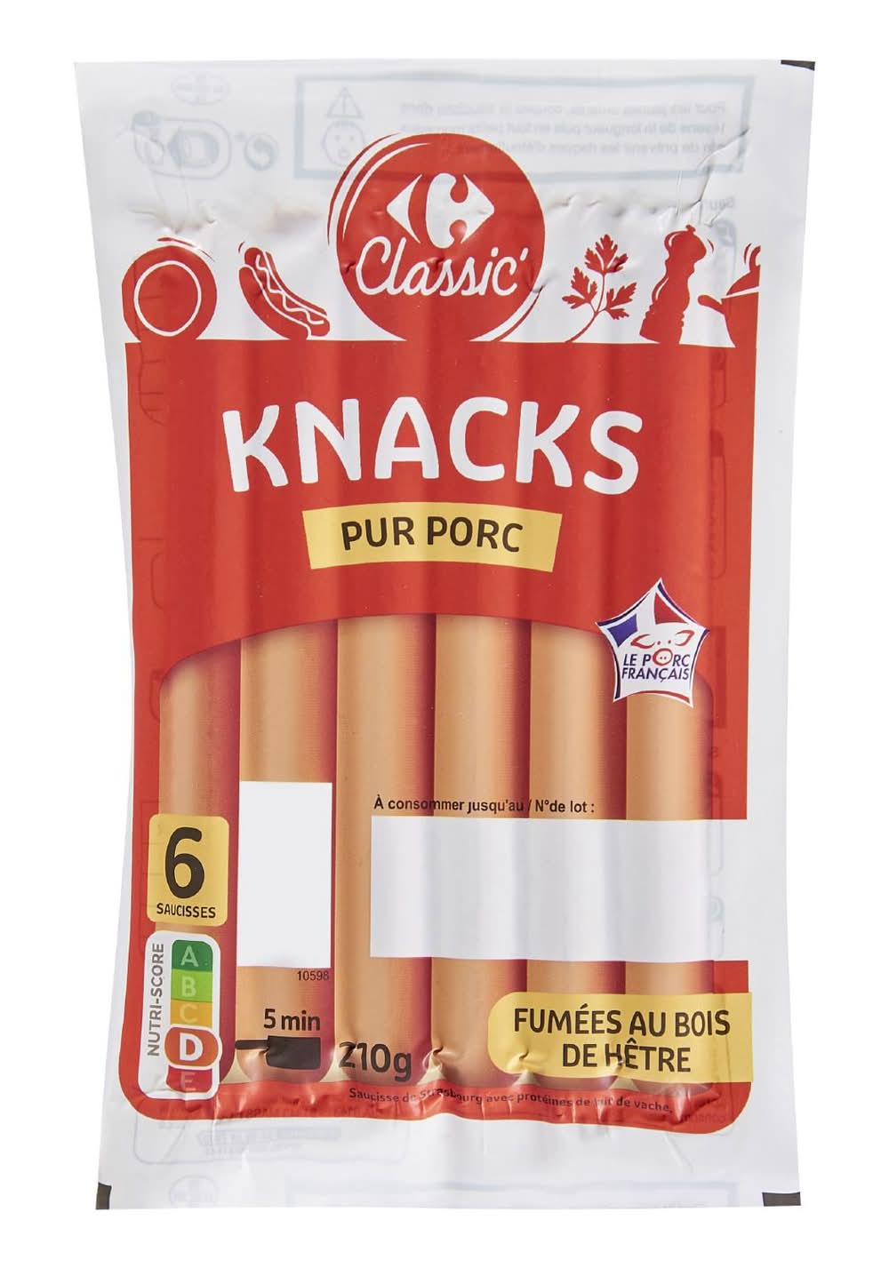 Carrefour Classic' - Knacks pur porc fumées au bois de hêtre (6)