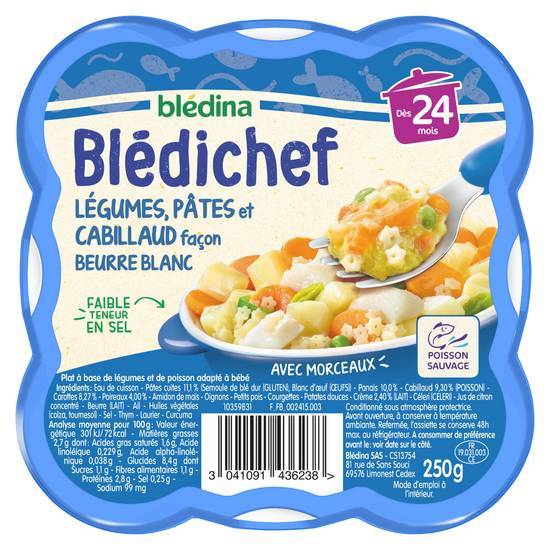 Bledina bledichef légumes, pâtes et cabillaud façon beurre blanc 250g dès 24 mois - 250g