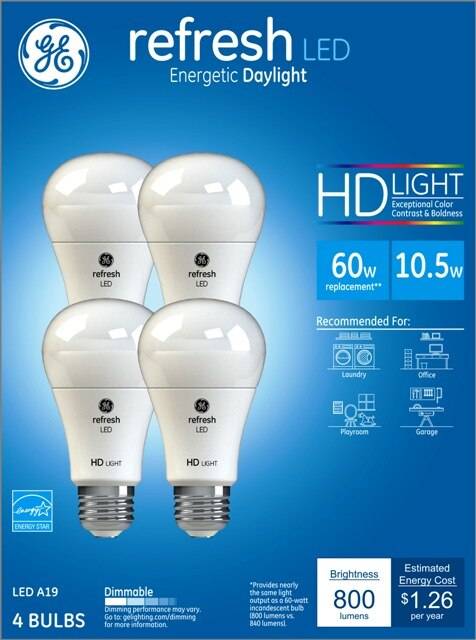 GE LED Refresh Daylight A19 HD Light Bulbs, 60w, 4 CT