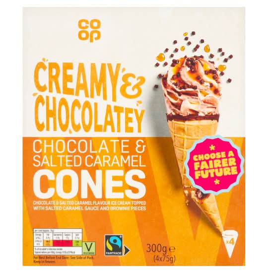 Co-op Chocolate & Salted Caramel, Waffle Creamy & Chocolatey Ice Cream Cones (4 x 75g)