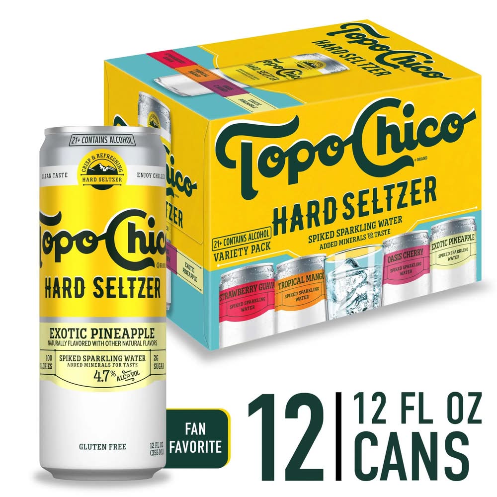 Topo Chico Hard Gluten Free Hard Seltzer, Strawberry Guava-Oasis Cherry-Tropical Mango-Exotic Pineapple (12 x 12 fl oz)