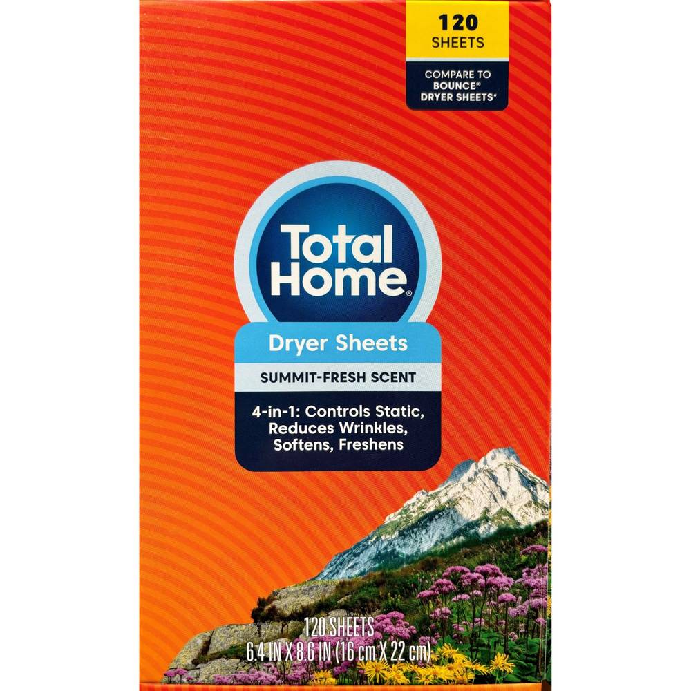 Total Home Fabric Softener Dryer Sheets, Summit Fresh, 120 Ct