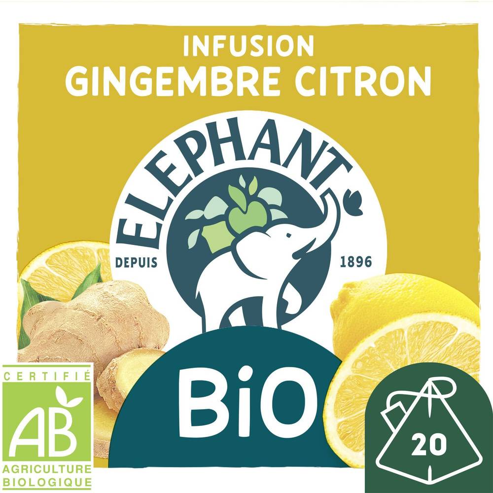 Infusion gingembre citron Bio ELEPHANT - la boite de 20 sachets