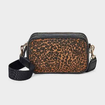 Universal Thread Double Zip Camera Leopard Print Crossbody Handbag, Black/Brown