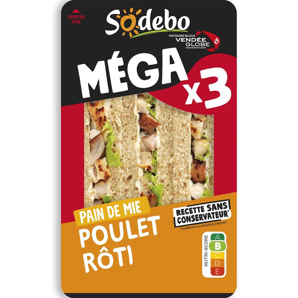 Sandwichs club pain complet poulet rôti mayo légère SODEBO - 3 clubs triangles - 230 g